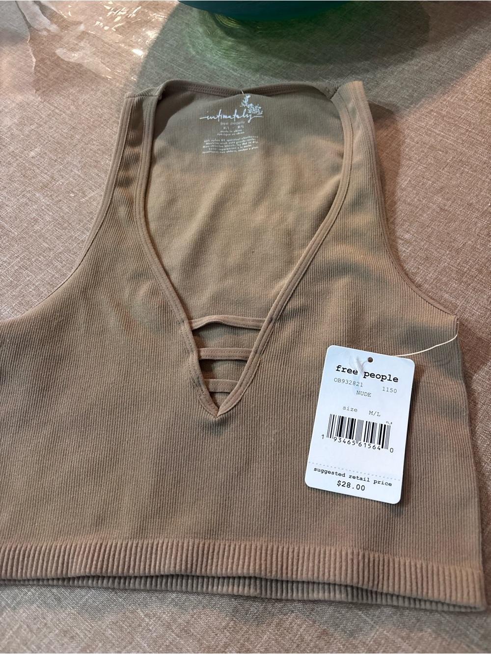 Free People Taupe Ribbed V-Neck Cropped Tank with Ladder Detail - Picture 3 of 3